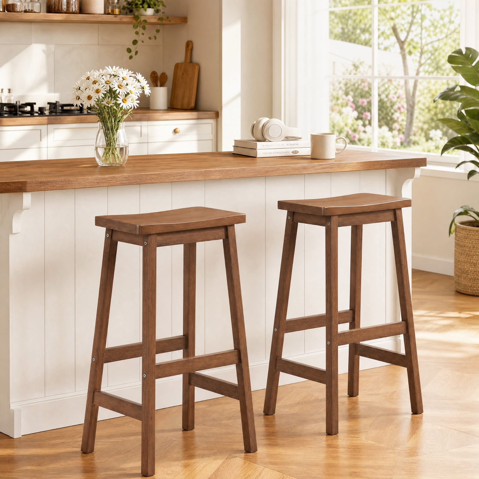 Furnibear 29" Set of 2 Saddle-Seat Counter Height Stools with Curved Seat and Footrests for Kitchen Island Counter Bar Pub Dining Home, Walnut