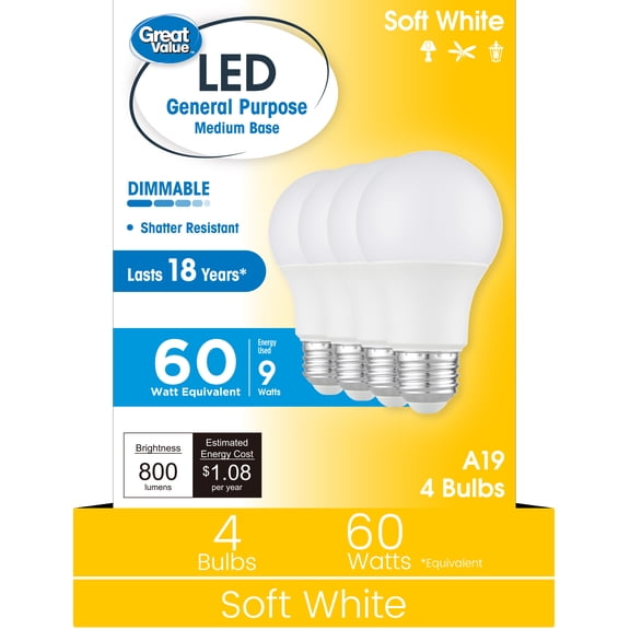 Great Value 18YR A19 LED Light Bulb, 9W (60W Equivalent) Dimmable Soft White E26 Medium Base, 4 Pack
