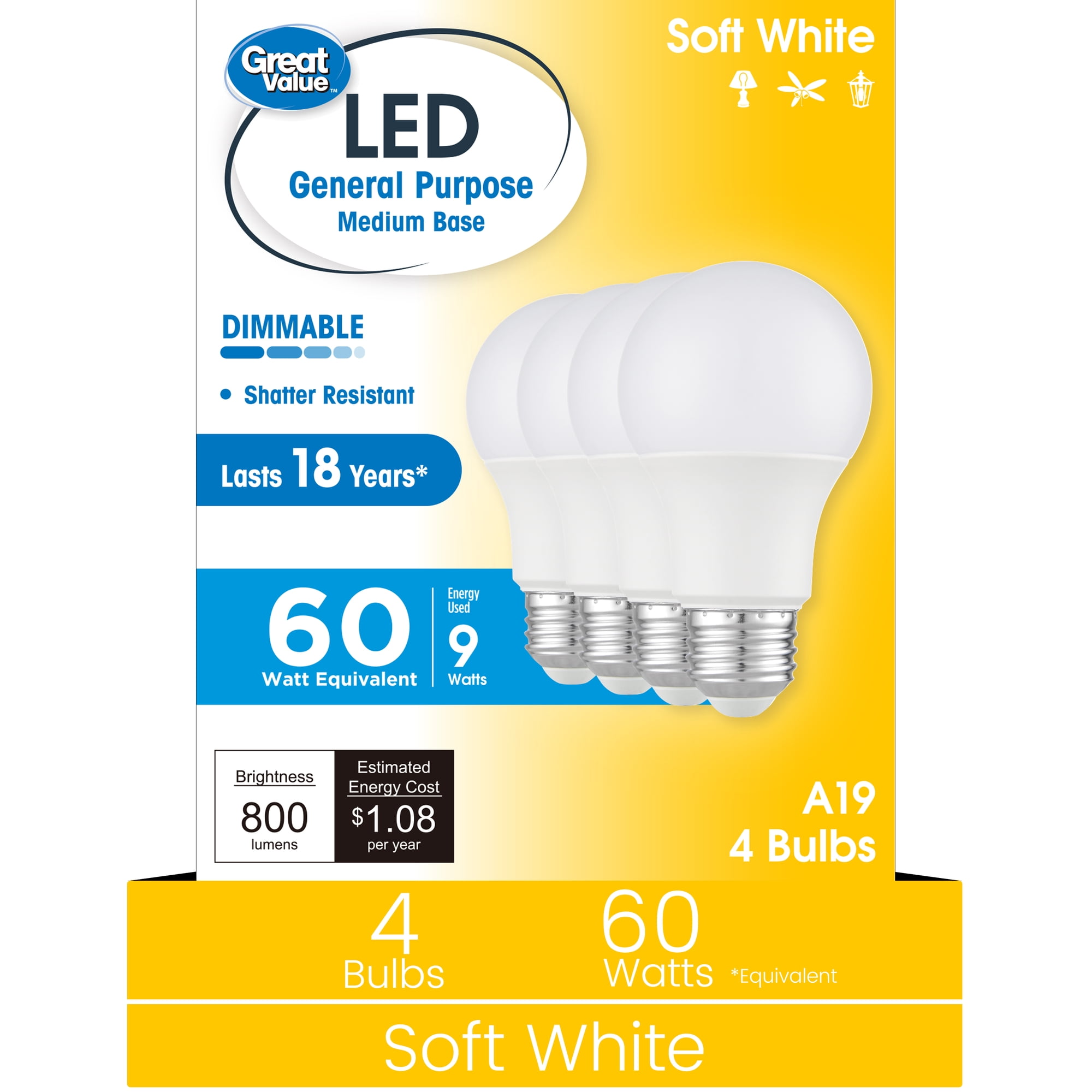 Great Value 18YR A19 LED Light Bulb, 9W (60W Equivalent), Dimmable Soft White, E26 Medium Base, 4 Pack