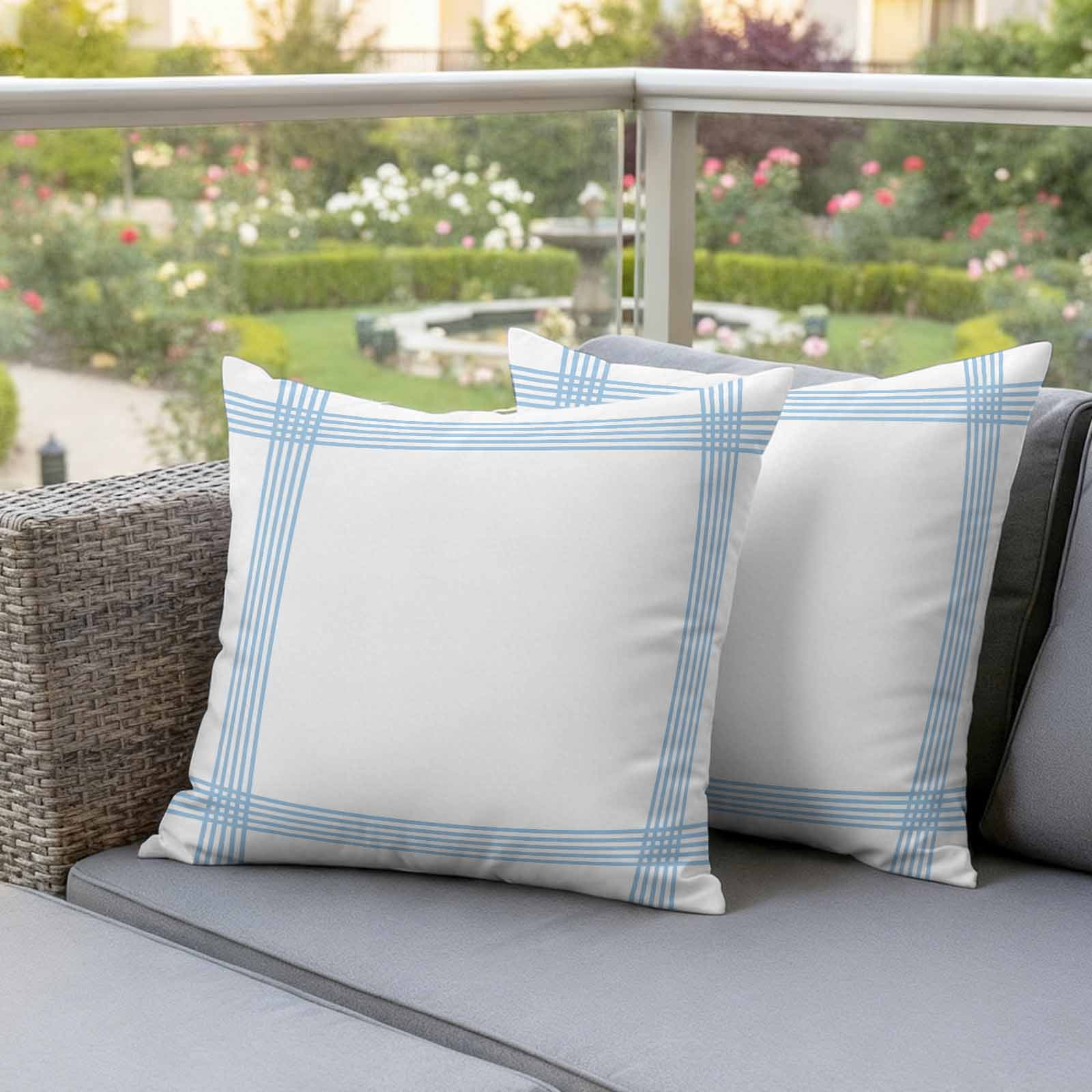 Blue Striped Outdoor Waterproof Pillow Covers, Geometric Minimalist Watercolor White Decorative Square Throw Pillowcase Sofa Cushion Sham for Patio/Couch/Chair, 18"x18" 2 Pack