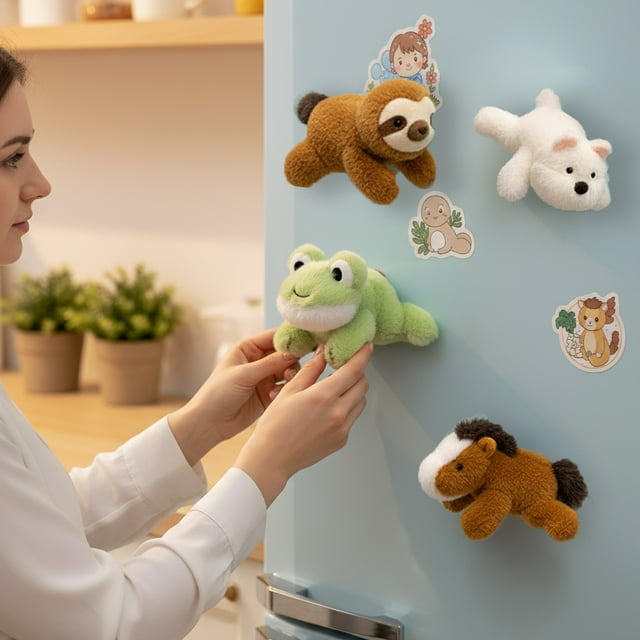 Vacemry under $5 4Pcs Refrigerator Sticker Doll, Cute Plush Animal Decoration with Adhesive Back, Multi-Scene Use for Home Office Gift, Soft Polyester Material for Comfortable Touch