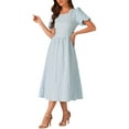 thumbnail image 4 of INSPIRE CHIC Women's Dress Summer Puff Sleeve Round Neck Solid Textured Flare Dresses M Sky Blue, 4 of 5