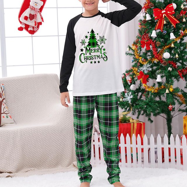Traje de pantalón largo verde familiar cintura elástica estampado de árbol de Navidad traje diario a cuadros