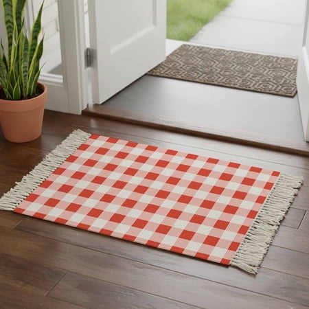 Kitchen Runner Rugs, Red Gingham Check 2'x3' Throw Rug with Tassels, Gradient Buffalo Plaid Washable Soft Floor Carpet Runner for Hallway Bedroom Bathroom Laundry Room