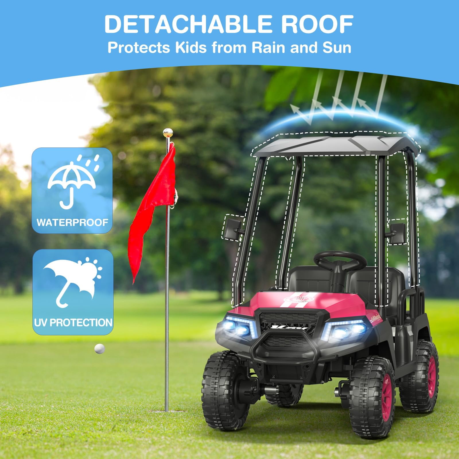 24V 4-Seater Kids Electric Golf Cart, 4WD Ride-On Car with Remote, Awning, Suspension & Music Features