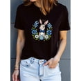 thumbnail image 1 of Camiseta gráfica de conejito de Pascua para mujer - Negra, algodón transpirable, manga corta informal con cuello redondo - Camiseta elegante y cómoda para adultos, hombres, mujeres, adolescentes, jóve, 1 of 5