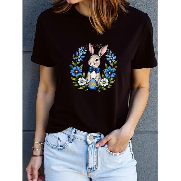 Camiseta gráfica de conejito de Pascua para mujer - Negra, algodón transpirable, manga corta informal con cuello redondo - Camiseta elegante y cómoda para adultos, hombres, mujeres, adolescentes, jóve
