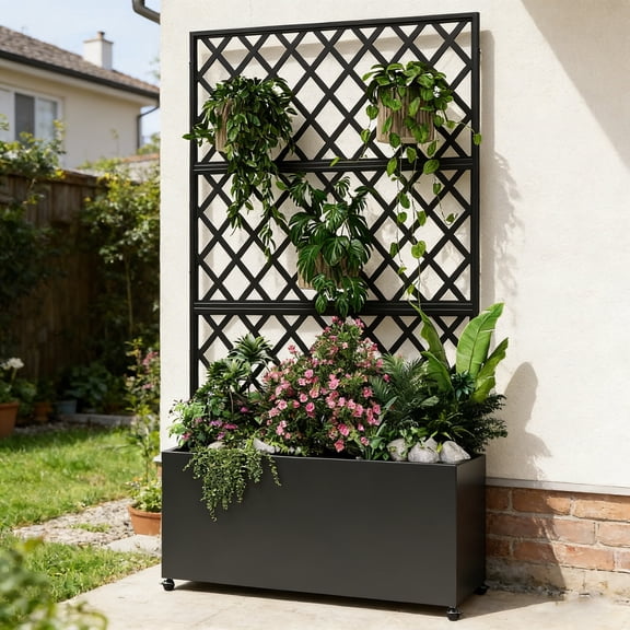 Lumiparty 35*15*70" Galvanized Steel Raised Garden Bed with Trellis & Privacy Screen, Large Outdoor Planter Box with Lockable Wheels & Drainage Holes, for Patio, Deck & Yard Gardening