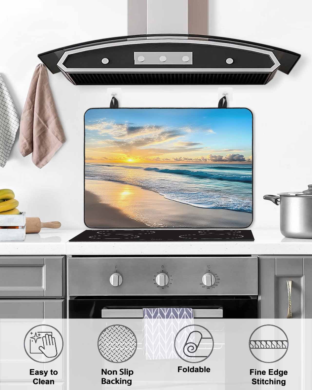 nqOlkjepod Large Induction Cooktop Protector Mat 24"x21", Ocean Coastal Stove Top Covers for Electric Stove, Beach Sun Blue Sky Nature Scenery Stove Burner Cover Mats, Glass Top Stove Cover