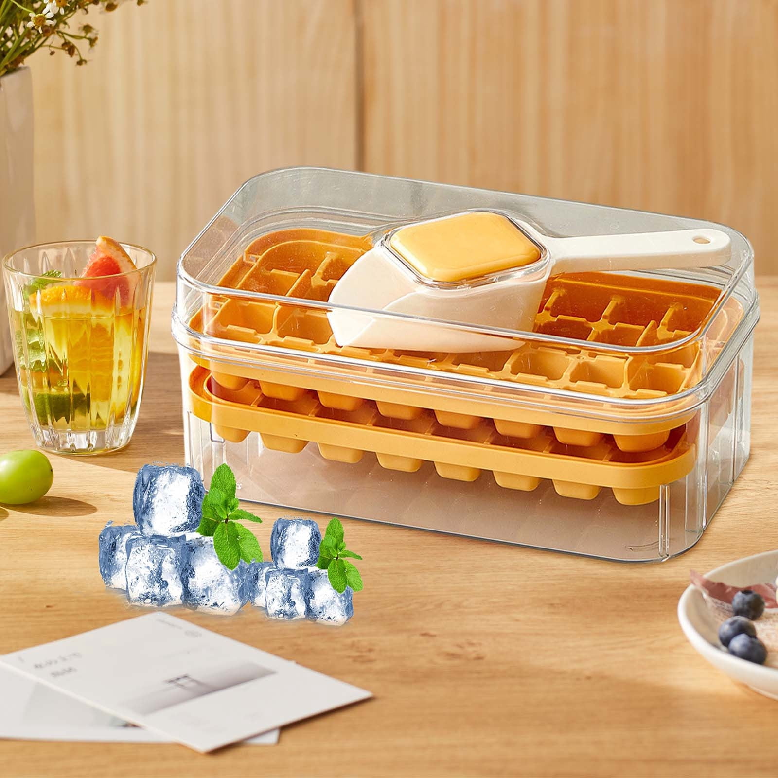 COM1950s Ice Tray with Storage Bin, One Click Release Double Layer Portable Ice Maker with Handle, Large Capacity Ice Container for Summer Home Party