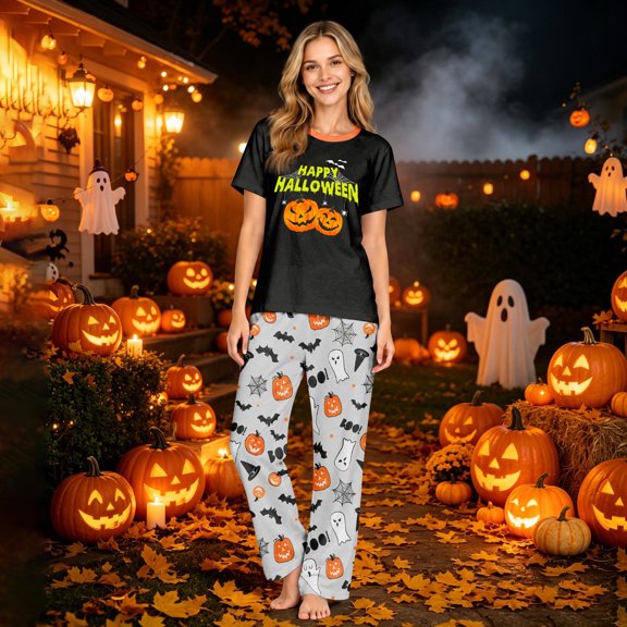 Family Matching Halloween Pajamas Set Skull Witch Hat Crew Neck Funny Pajamas Ghost Spider Web Horror Wide Leg Loungewear, Women:S