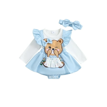 

CocMouse Girl Fall Romper Dress Bear Embroidery Long Sleeve Jumpsuit Headband