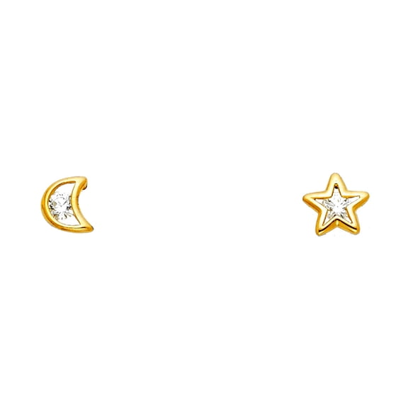 14k Gold Celestial Moon and Star Cubic Zirconia Screw Stud Earrings Stud Earring for Women
