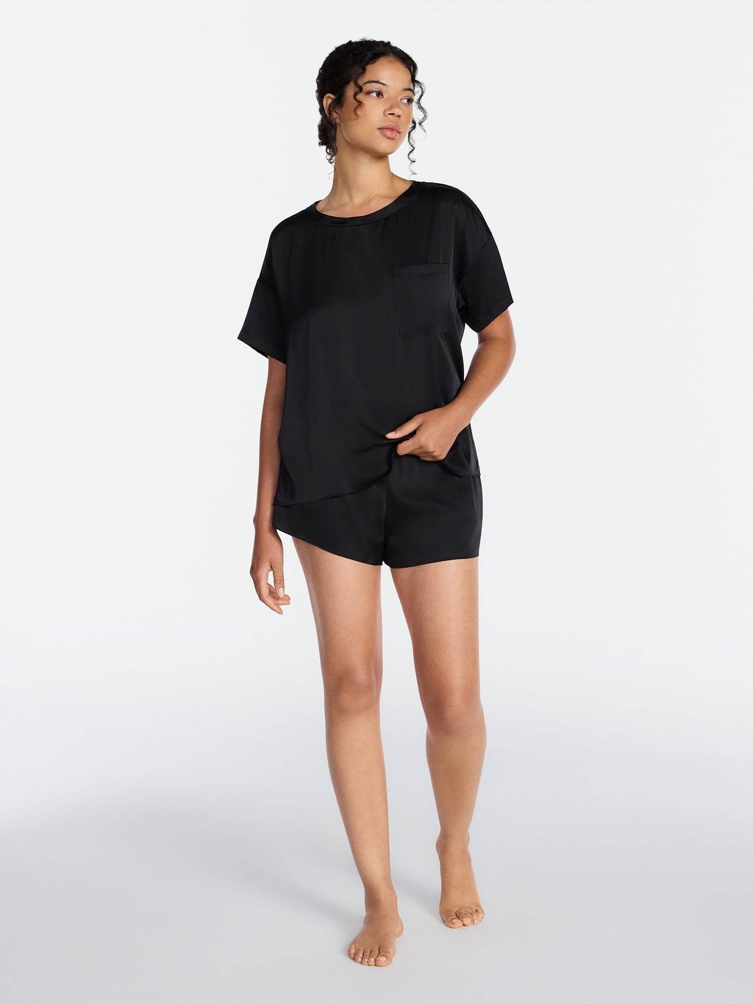 Joyspun Women’s Short Sleeve Stretch Satin Top and Shorts Pajama Set, 2-Piece, Sizes XS-3X