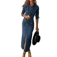 thumbnail image 2 of Denim Dress for Women Trendy Long Sleeve Button Down Denim Maxi Dress Bodycon Slit Long Jean Dresses Deep Blue XL, 2 of 9