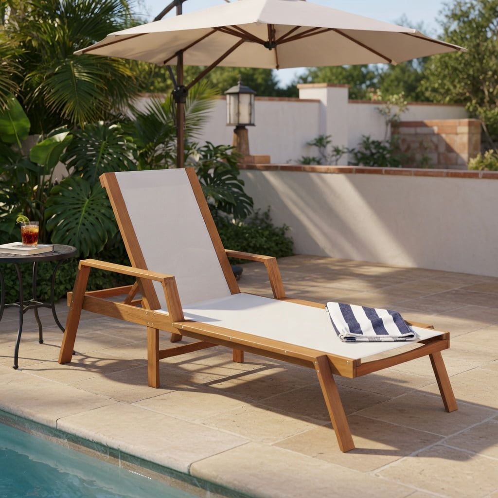 Hommoo Acacia Wood Patio Chaise Lounge Chair with Adjustable Backrest, Breathable Fabric Seat & Armrests, for Backyard, Poolside & Garden, White