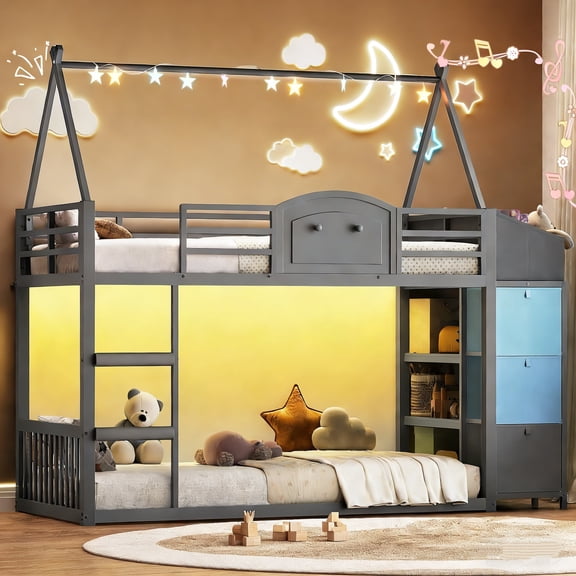 House Shaped Low Loft Bed with 3 Drawers and Storage Boxes, LED Twin Over Twin Bunk Bed with LED Lights