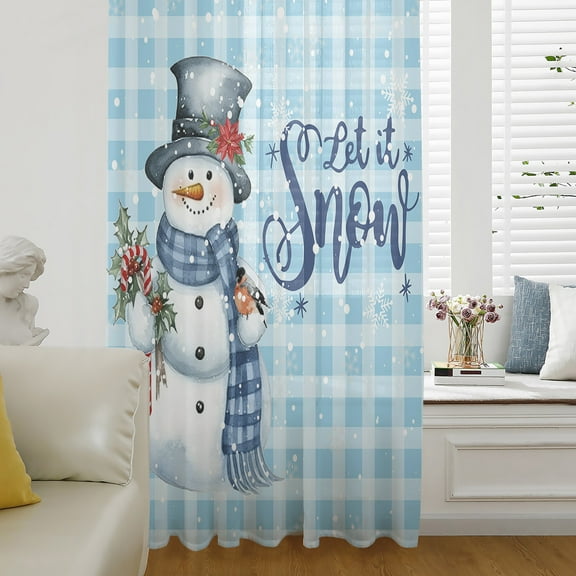 Christmas Semi Sheer Curtains Drapes for Living Room, Bedroom, French Doors Window 84 Inches Long, Blue Plaid Snowman Xmas Winter Snowflake Rod Pocket Chiffon Curtain Drapery Voile Draperies Panel