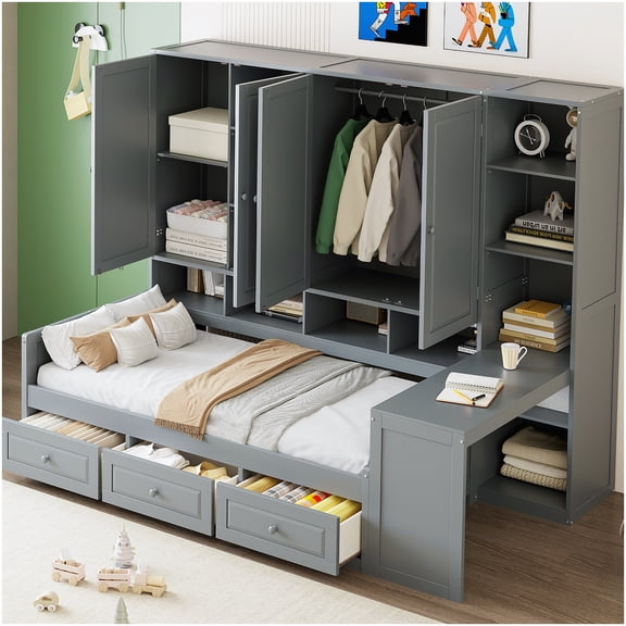 Space Saving Twin Daybed with Desk, Bookshelves, 3 Drawers & Cabinet, Modern Gray Wood Bed Frame