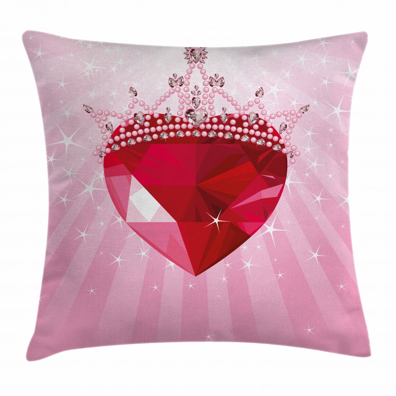 Queen Throw Pillow Cushion Cover, Vibrant Red Love Heart with Princess Crown Cartoon Style Romantic Kids Girls Room Decor, Decorative Square Accent Pillow Case, 16 X 16 Inches, Pink Red, by Ambesonne