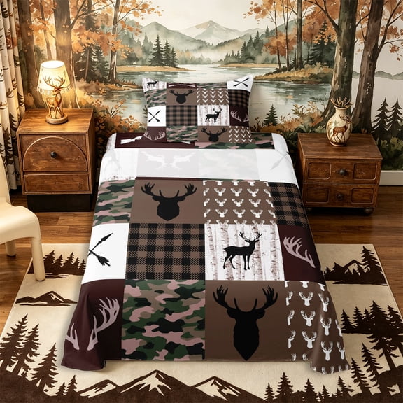 Castle Fairy Rustic Deer Hunting Twin Sheets 3pcs,Vintage Checkered Camo Bedding,Gray Black White,1 Fitted Sheet, 1 Flat Sheet and 1 Pillowcase
