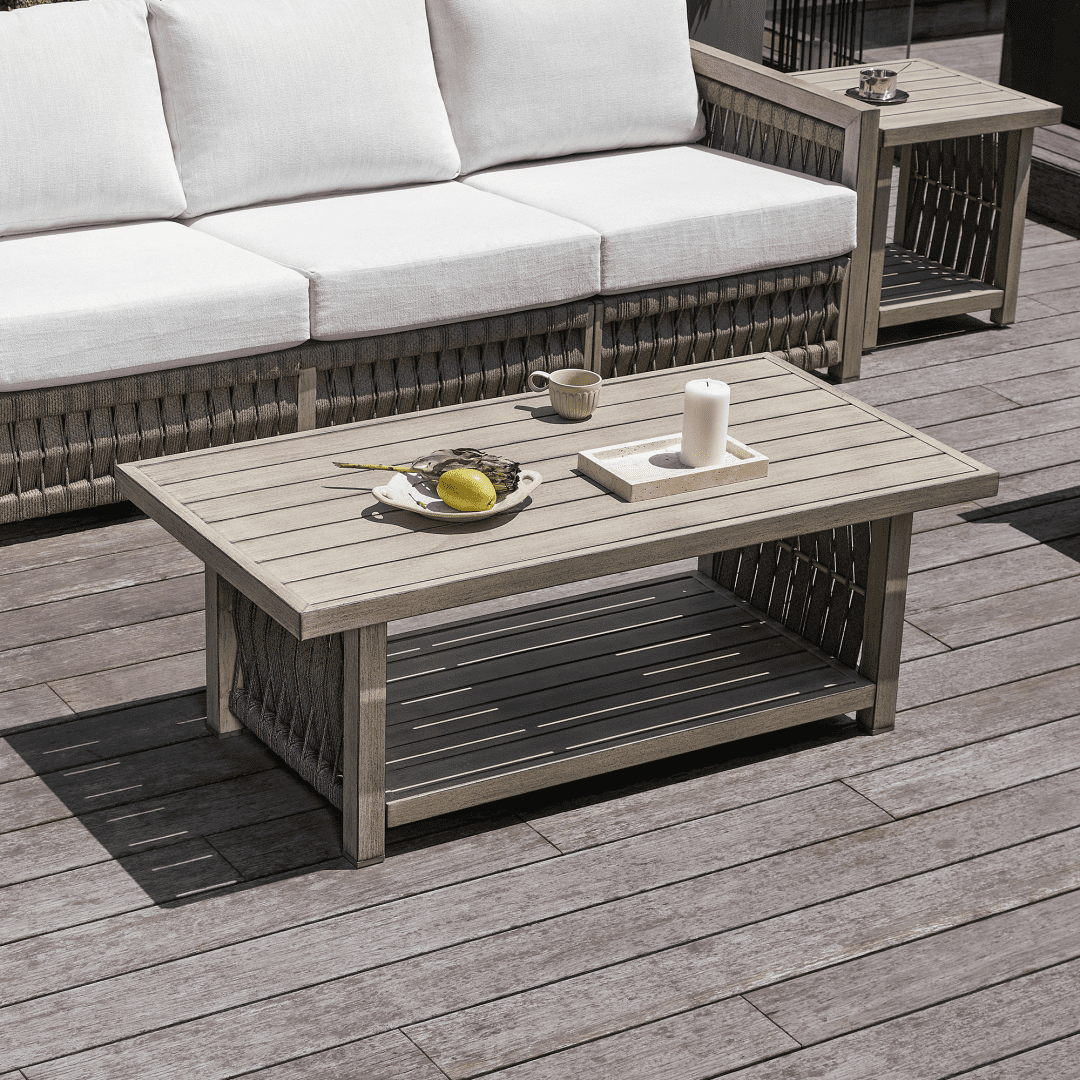 Outdoor Patio Coffee Table with 2-Tier Storage, Aluminum Frame & All-Weather Rope Weave Top, Rust-Resistant, Modern Style for Garden, Balcony & Poolside