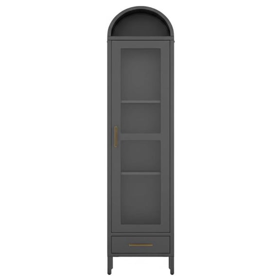 Ataucjin 73 in Tall Narrow Arched Bookcase, Modern Black Pantry Cabinet, Metal Arched Storage Cabinet with Glass Door & Drawer for Living Room, Kitchen, Office