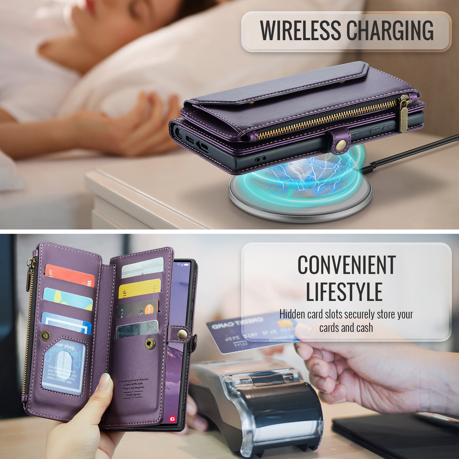 Compatible with Samsung Galaxy S25 Ultra 5G Zipper Wallet Phone Case Tempered Glass Screen Protector Crossbody Lanyard Strap Flip Card Holder Slot Cell Cover for S25Ultra 25S S 25 Women Girls Purple