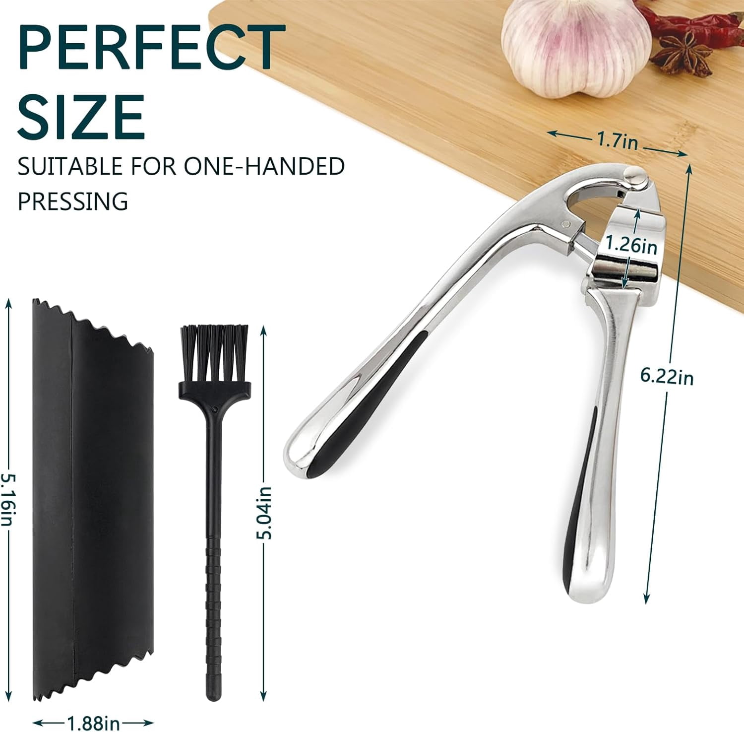 Garlic Press Set - Stainless Steel Press, Easy-Peel Silicone Tool & Brush, Ergonomic Handle for Effortless Mincing, Rust-Proof & Dishwasher Safe for Kitchen Use