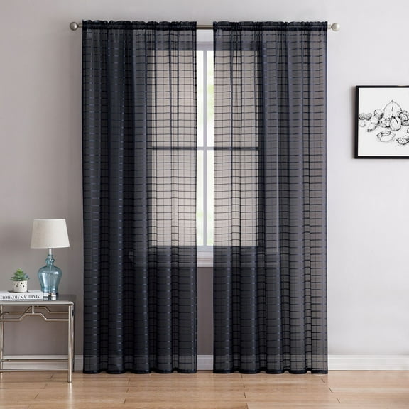 2 Pack: Contemporary Plaid Sheer Voile Window Curtains - Black