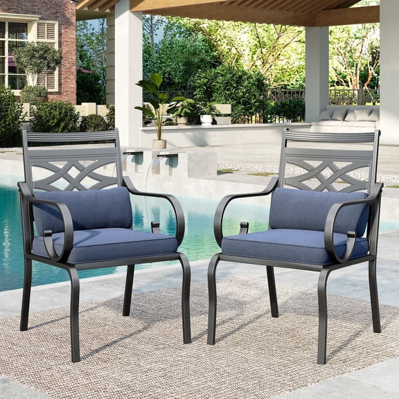 SUMMIT LIVING 2-Piece Outdoor Patio Dining Chairs with Removable Cushions & Pillows, Black & Blue