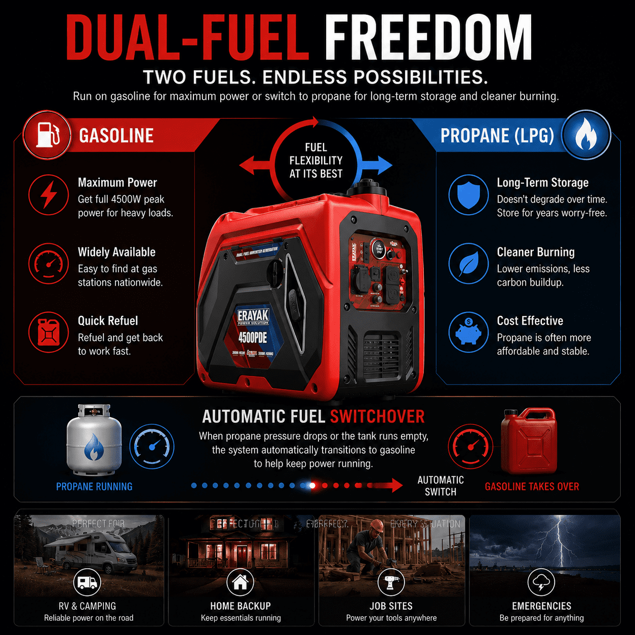 ERAYAK 4500W Dual-Fuel Portable Generator: Electric Start, Gas Propane RV Ready, CO Alert