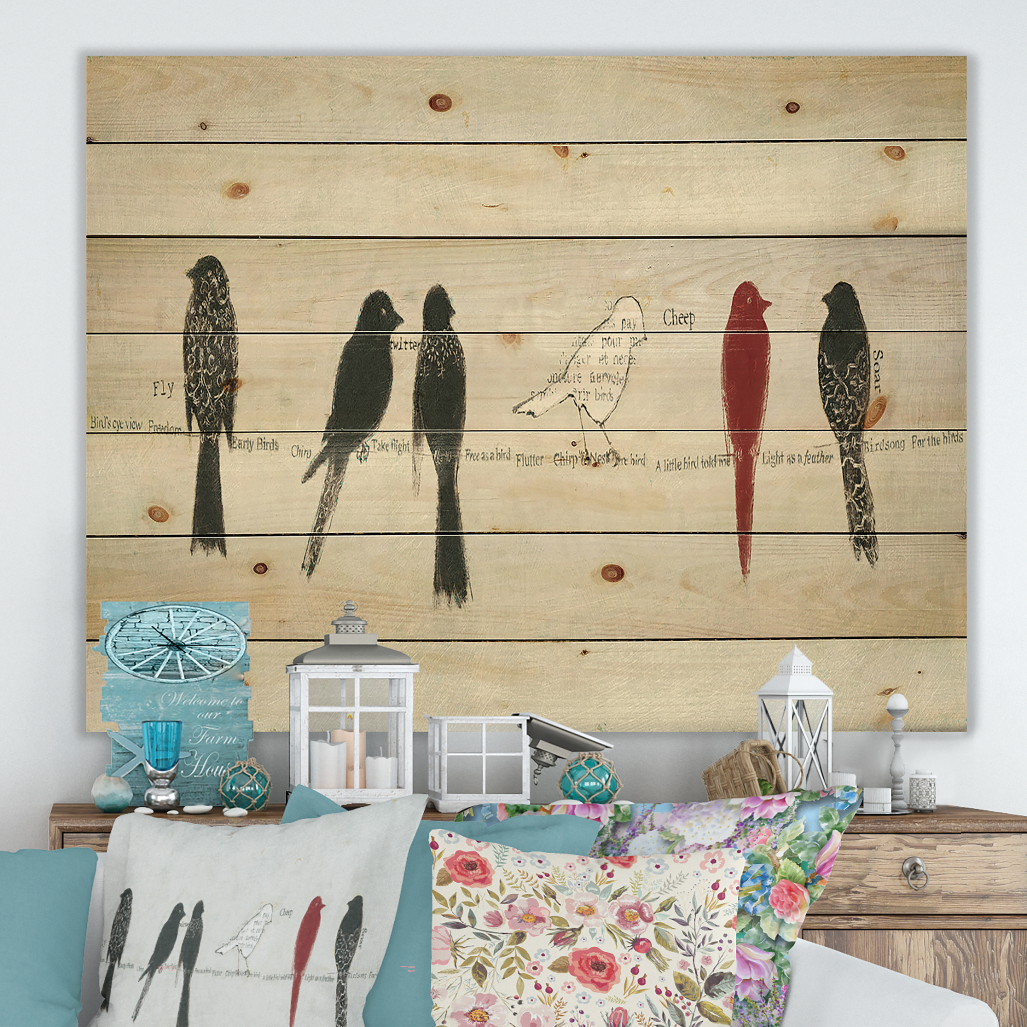Designart 'Red Catching Up Bird Family On Words' Farmhouse Print on Natural Pine Wood