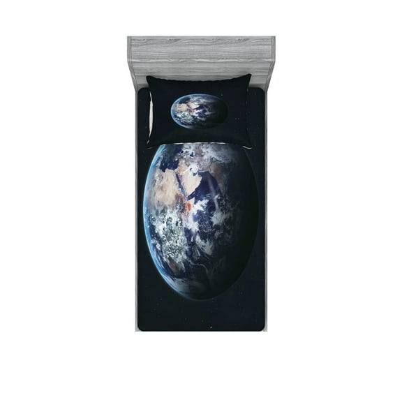 Ambesonne Galaxy Fitted Sheet & Pillow Sham Set, Planet Outer Space Scene, Twin, Dark Blue Grey