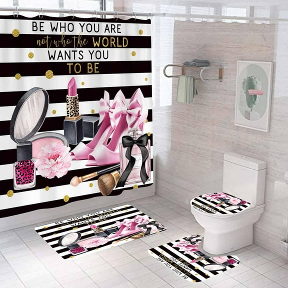 4PCS Fashion Shower Curtain Sets With Rugs, Inspirational Quotes Motivational Pink Bow Bowknot High Heels Rose Floral Leaves Books Lipstick Perfume Makeup Black Bag Modern Girly Bathroom Decor