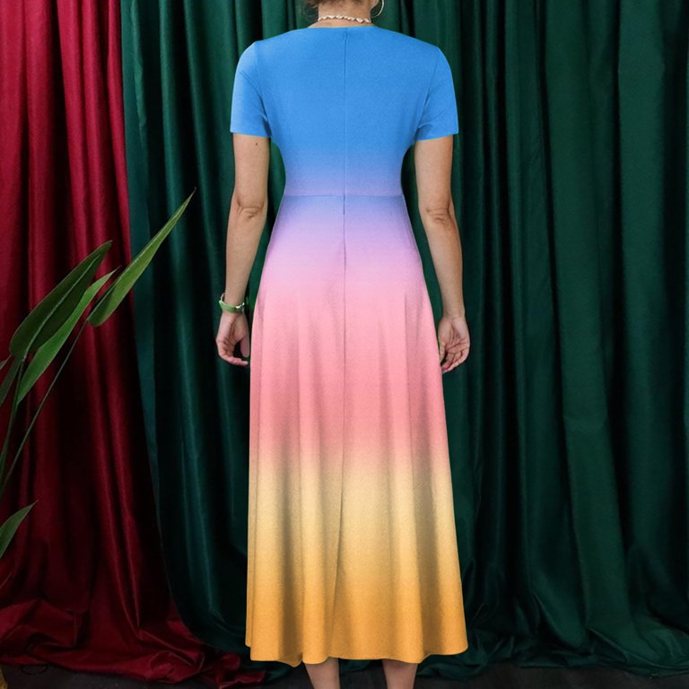 WTOBBY Women's Gradient Print Dress, Plus Size Fashion Short Sleeve Round  Neck Pocket Tie-Waist Swing Maxi for Beach Events Sunset Parties and  Vacations,Pink 2XL - Walmart.com