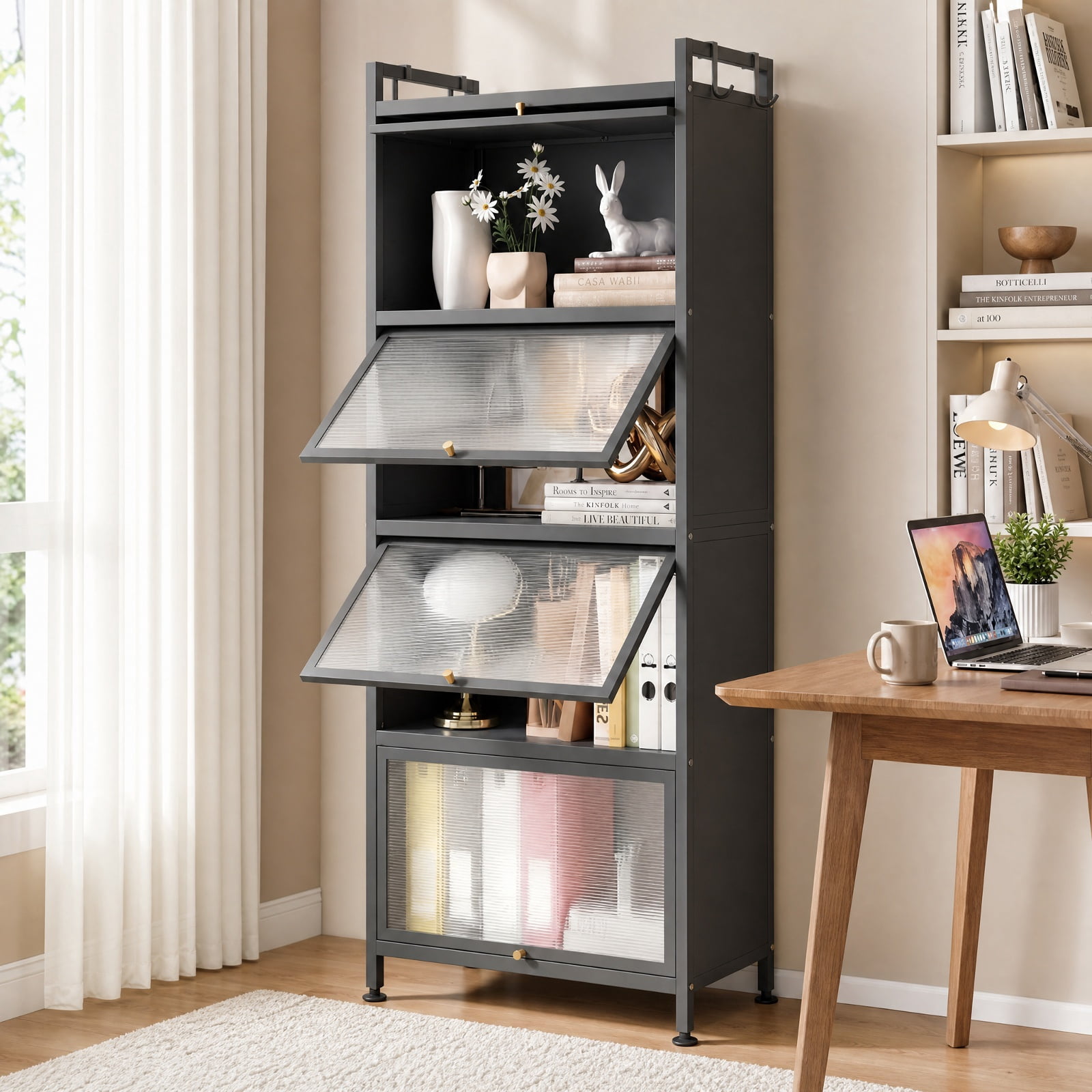 RUIE 5-Tier Rolling Kitchen Storage Cabinet with Flip-up PC Doors, Metal Baker's Rack Pantry Shelf with Universal Wheels, 165 lbs Capacity, Gray