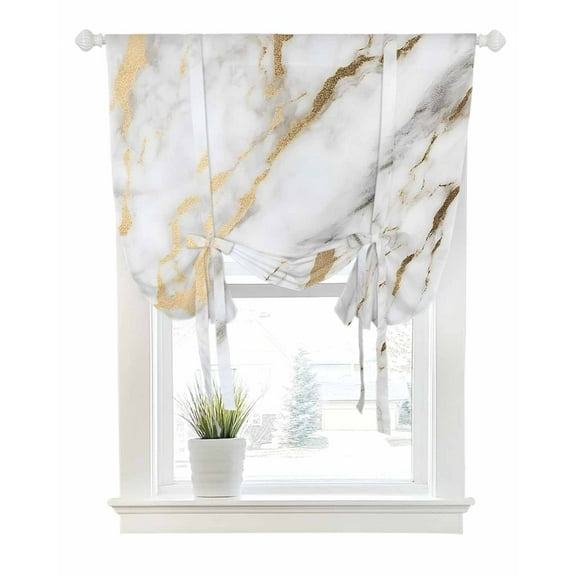 White Gold Marble Tie Up Curtains for Window, Thermal Insulted Balloon Shade Adjustable Rod Pocket Curtains Valance Panels for Kitchen Bathroom Cafe 42 x 63 Abstract Simple Geometric