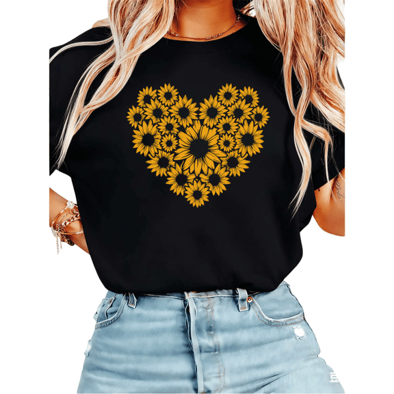 Women Sunflower Heart Graphic Tees T Shirt Tops Round neck Printed Cotton T Shirt Black S-5XL