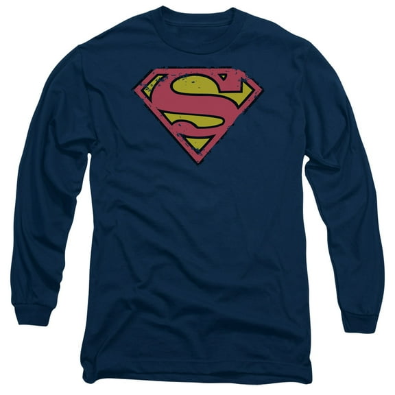 Superman Distressed Shield Long Sleeve Adult 18/1 T-Shirt Navy