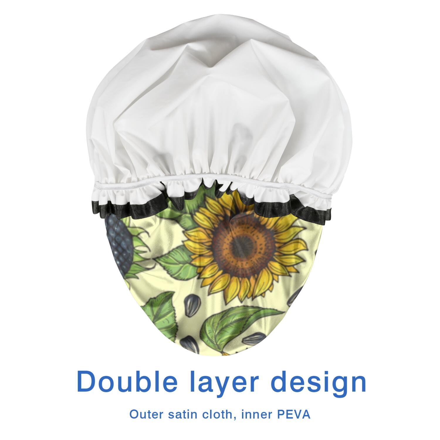 Shower Caps,Yellow Sunflower Seed Pattern Waterproof Shower Cap for Women 4 Pieces,Double Reusable Hair Cover for Shower PEVA Elastic Stretch Hem