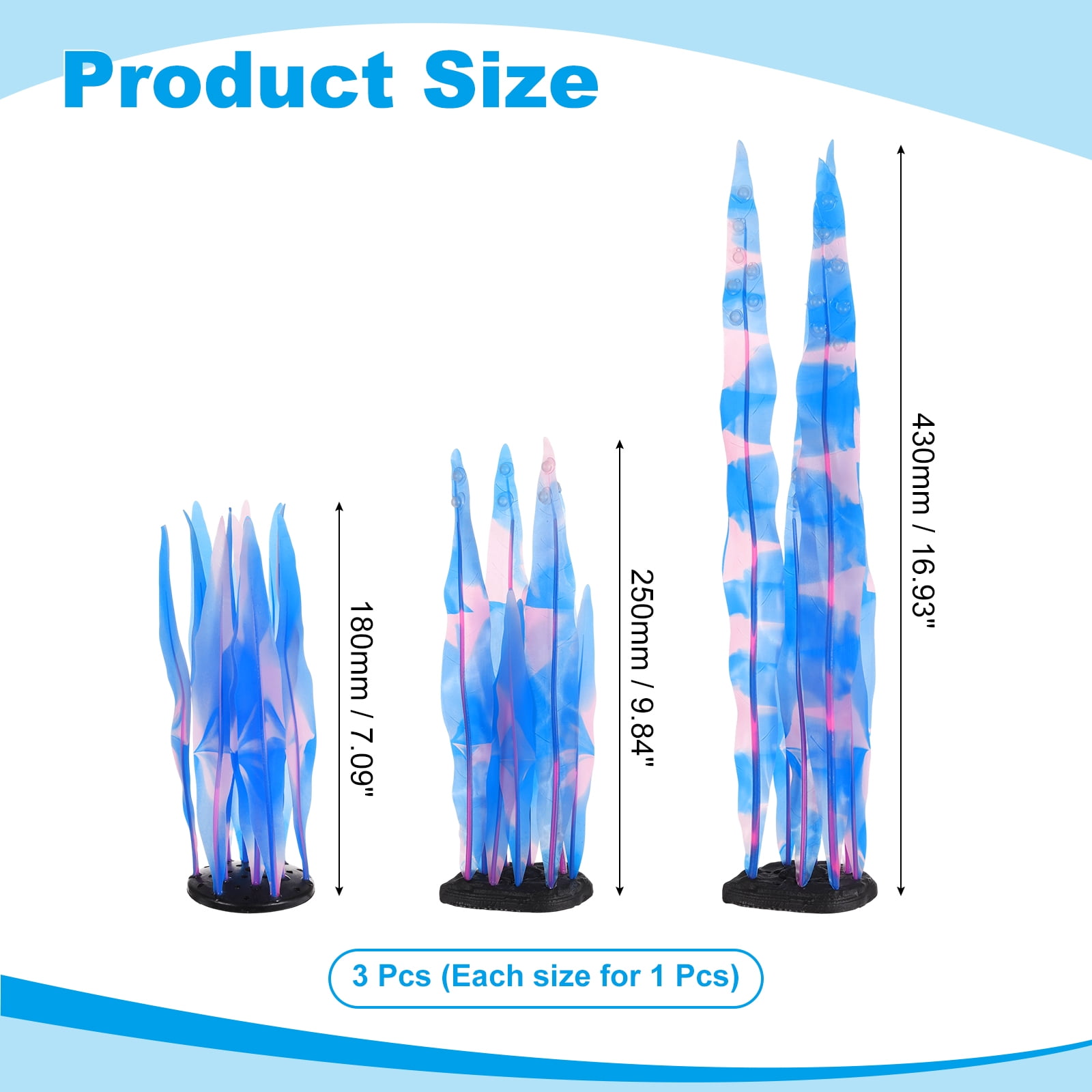 Uxcell Aquarium Decoration, 7"/10"/17" Plastic Fish Tank Plants Artificial Silicone Glowing Kelp Aquarium Plants Ornament, (Blue, 3 Pcs), Intended for Tall Fish Tank Decor / Landscaping