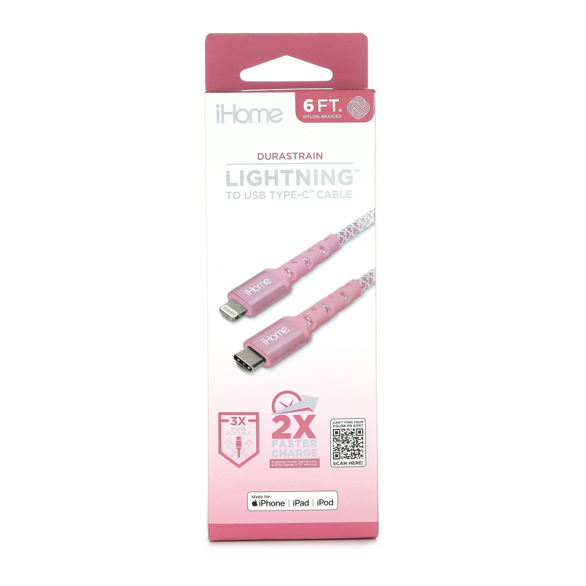 iHome 6FT Durastrain Ltng to C Nylon Cable with Wrap- Pink