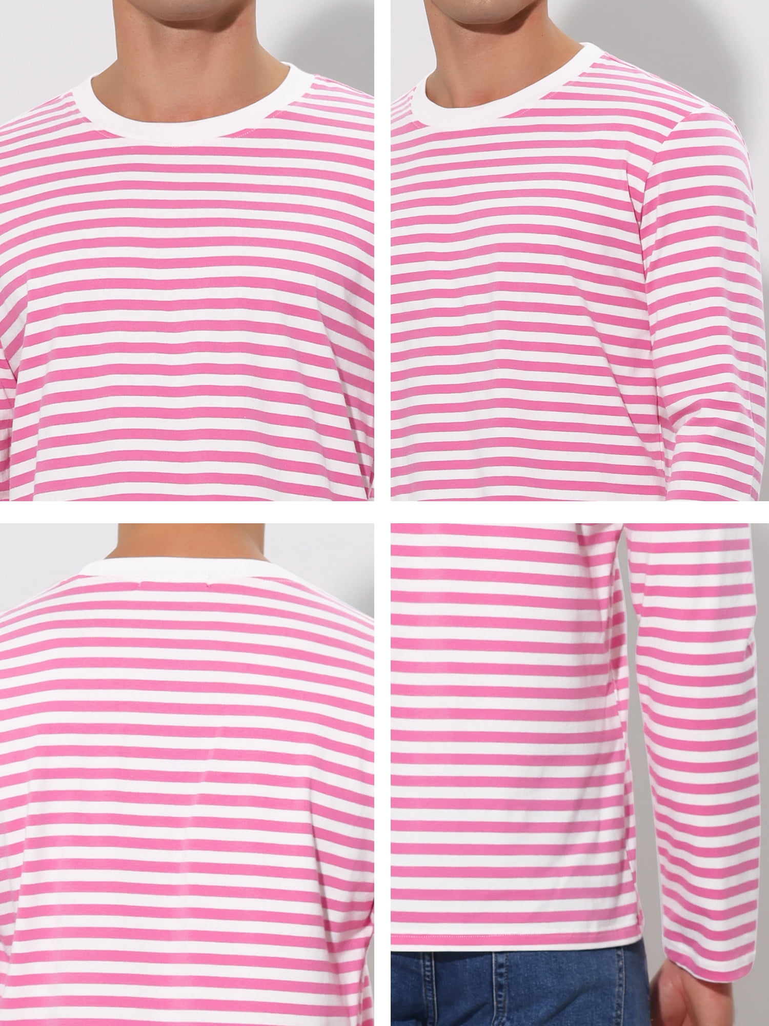 Unique Bargains Men's Long Sleeve Pullover Top Crew Neck Striped T-Shirts 38 Pink White