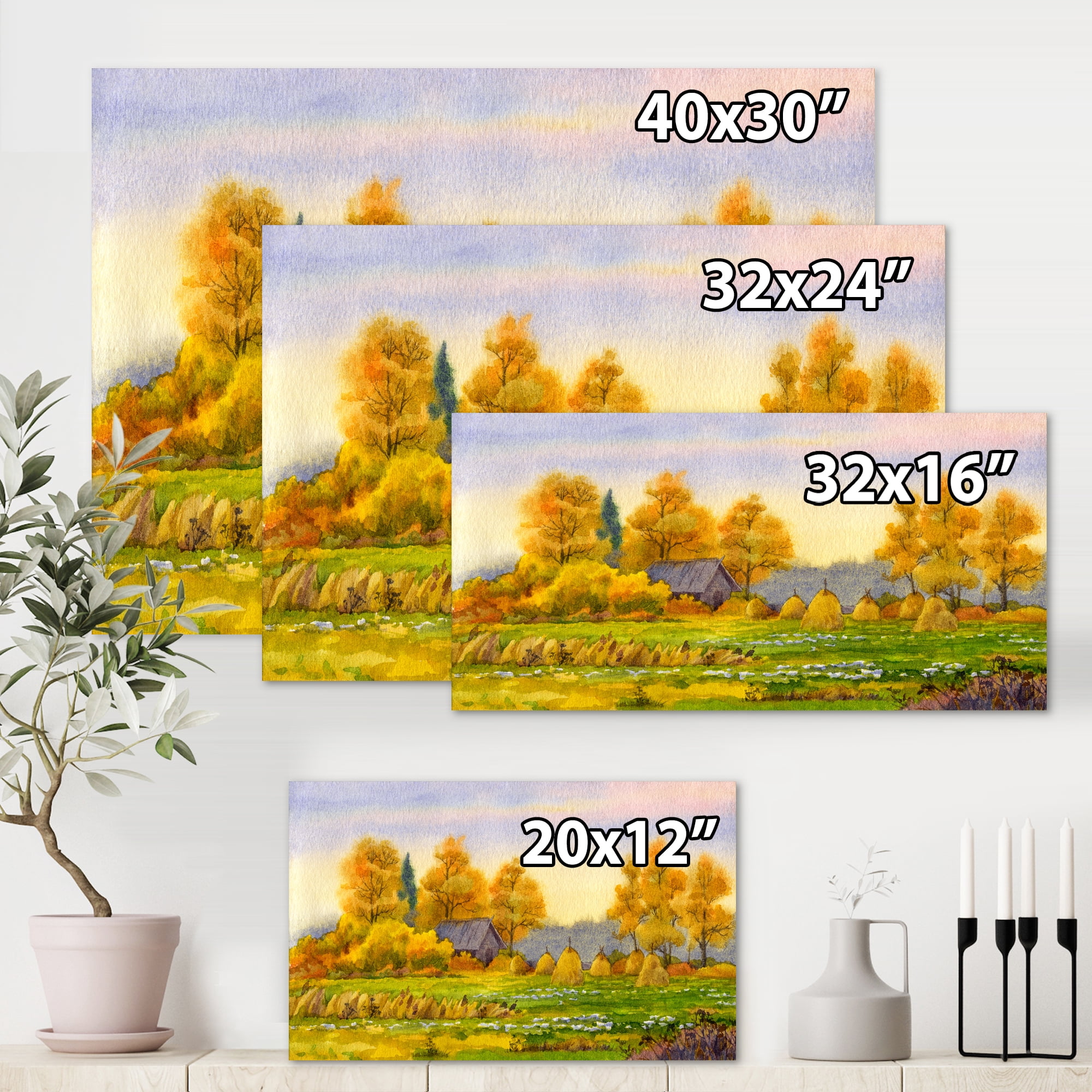 Designart ' Orange Fields With Haystacks II ' Lake House Canvas Wall Art Print