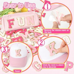 Self-Adhesive Chenille Letters Patches: 104PCS Pink-Colored Letter Patches Stickers - Varsity Alphabet Initial Patch for Clothing Backpacks Make-up Bags DIY Gifts Decor