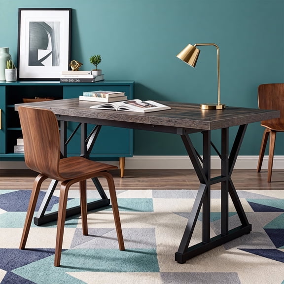 KIOOTTO 71" Rustic Black Farmhouse Dining Table, X-Trestle Metal Leg Kitchen Table for 6, Wood Top Dinner Table for Dining Room