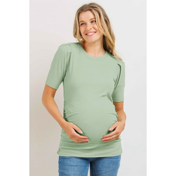 Ruched Ribbed Puff Sleeve Maternity Top