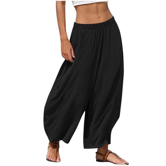 JGGSPWM Womens Elastic High Waisted Baggy Barrel Pants Fashion Casual Solid Color Lounge Boho Harem Trousers Pants Black M