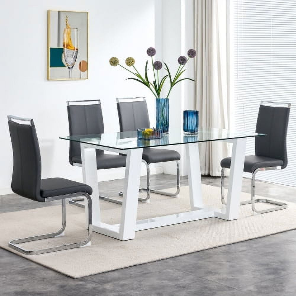 BSHTI Glass Dining Table Large Modern Minimalist Rectangular for 6-8 with 0.4" Tempered Glass Tabletop and white MDF Trapezoid Bracket,For Kitchen Dining Living Meeting Room Banquet Hall